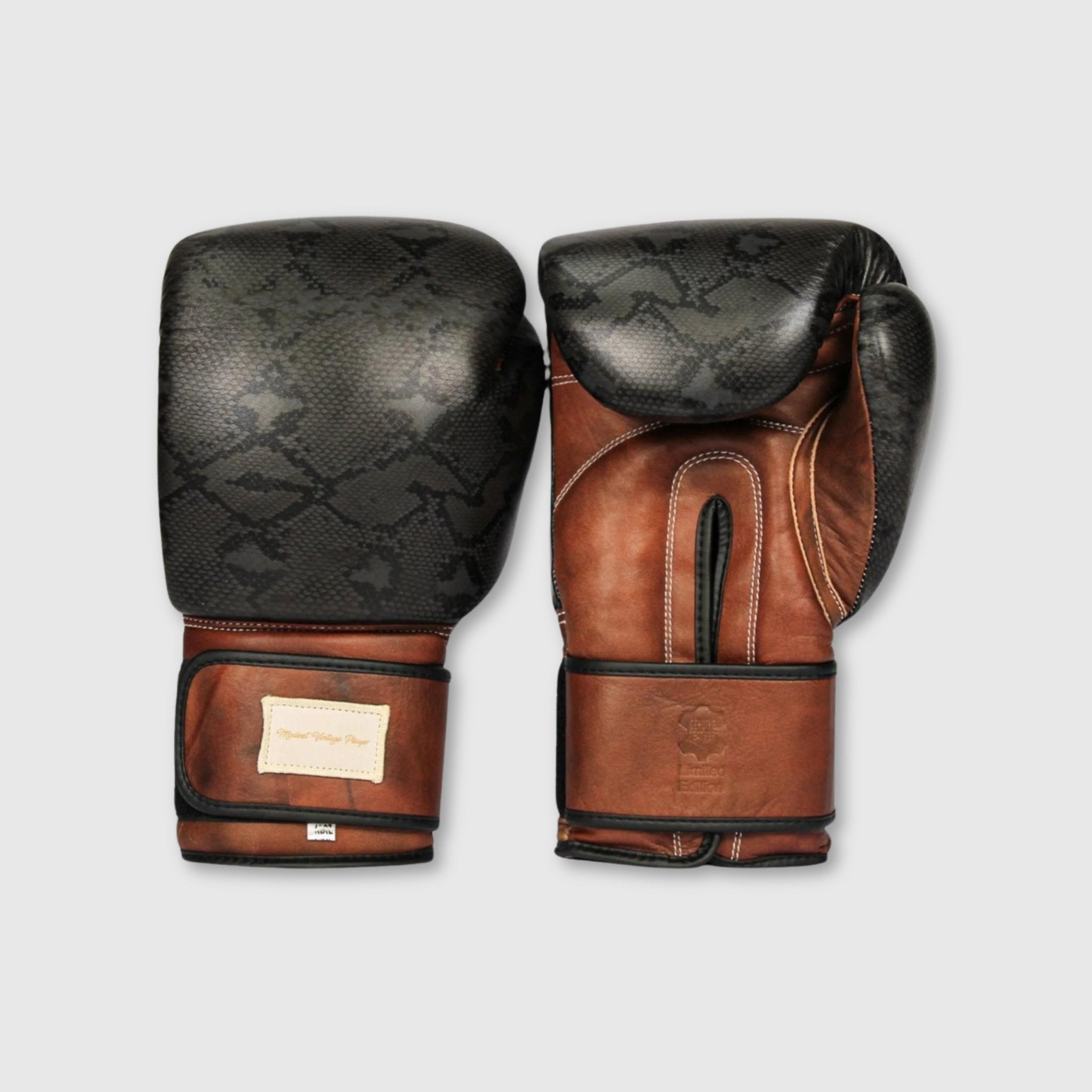 PRO Black Python Print Leather Boxing Gloves (Strap Up) Limited Edition