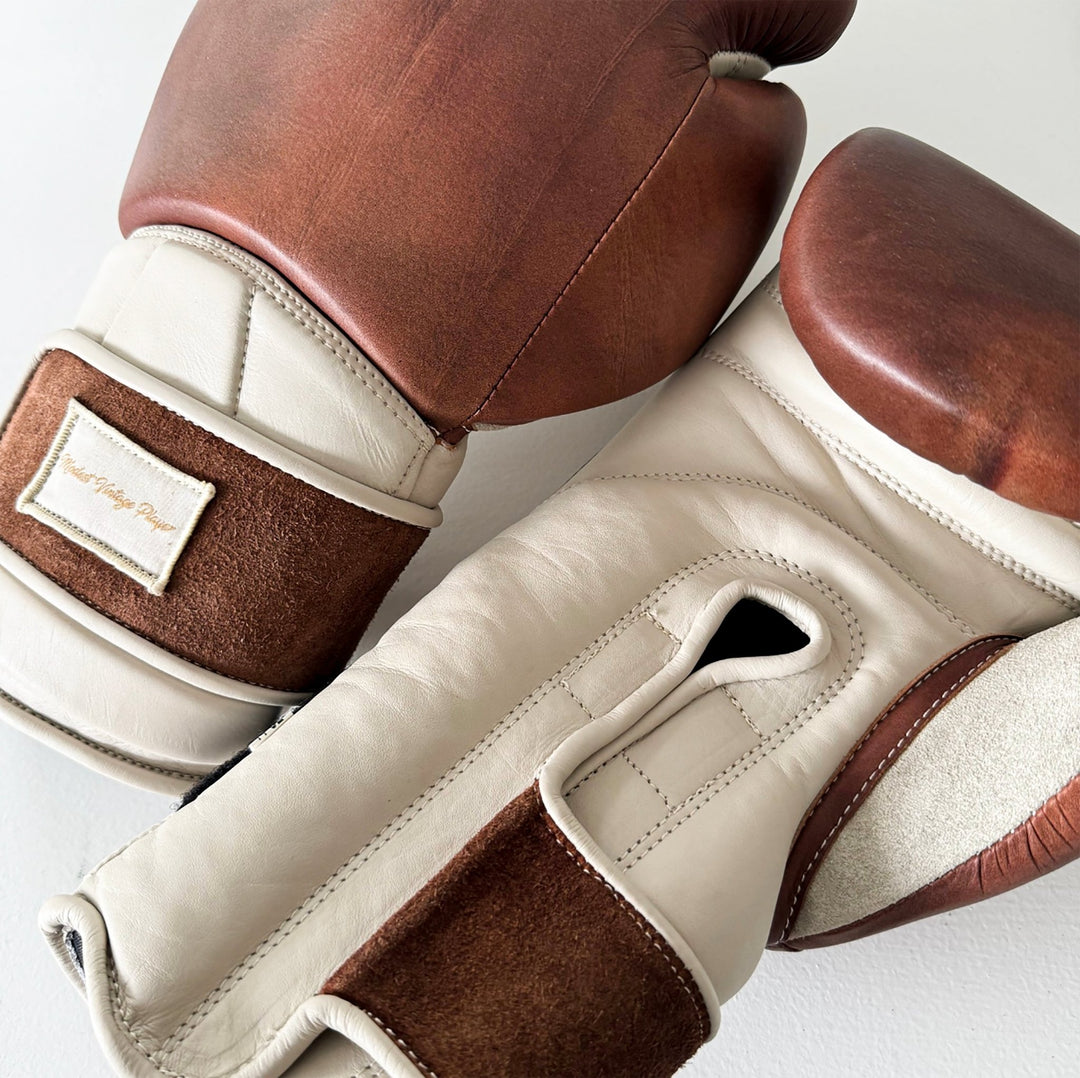 Elite Cream / Brown Leather Boxing Gloves (Strap Up) - MODEST VINTAGE PLAYER LTD