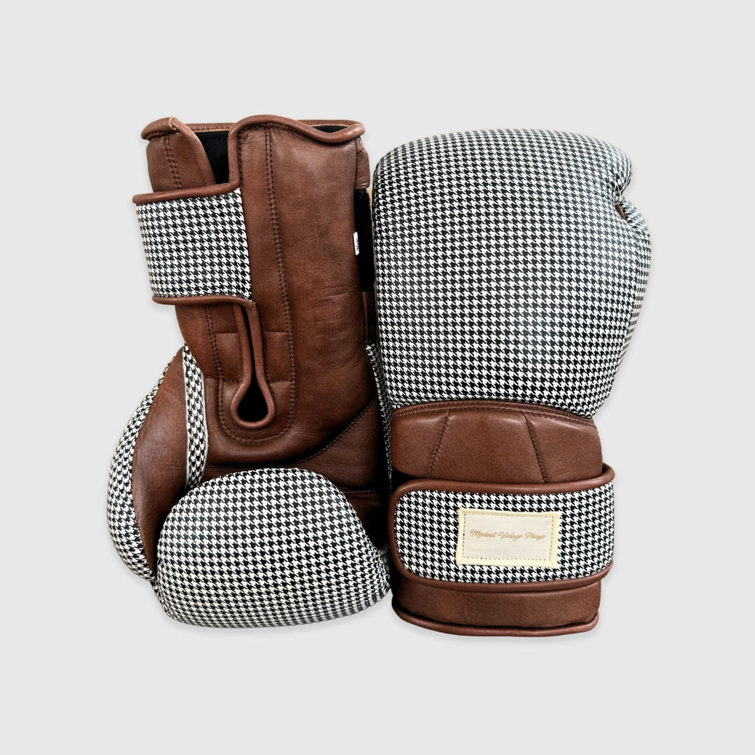 Elite Houndstooth Leather Boxing Gloves (Strap Up) - Brown - MODEST VINTAGE PLAYER LTD