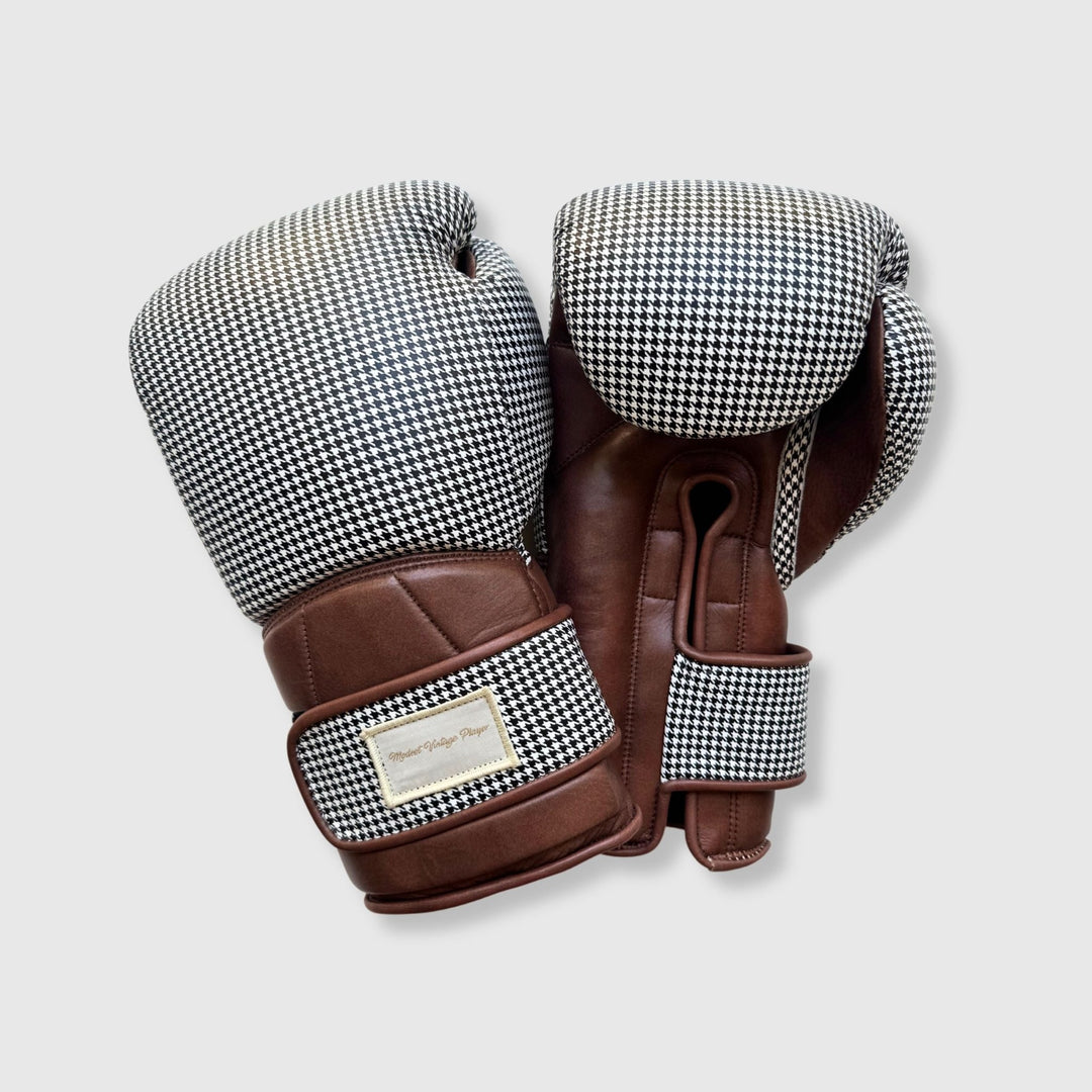 Elite Houndstooth Leather Boxing Gloves (Strap Up) - Brown - MODEST VINTAGE PLAYER LTD