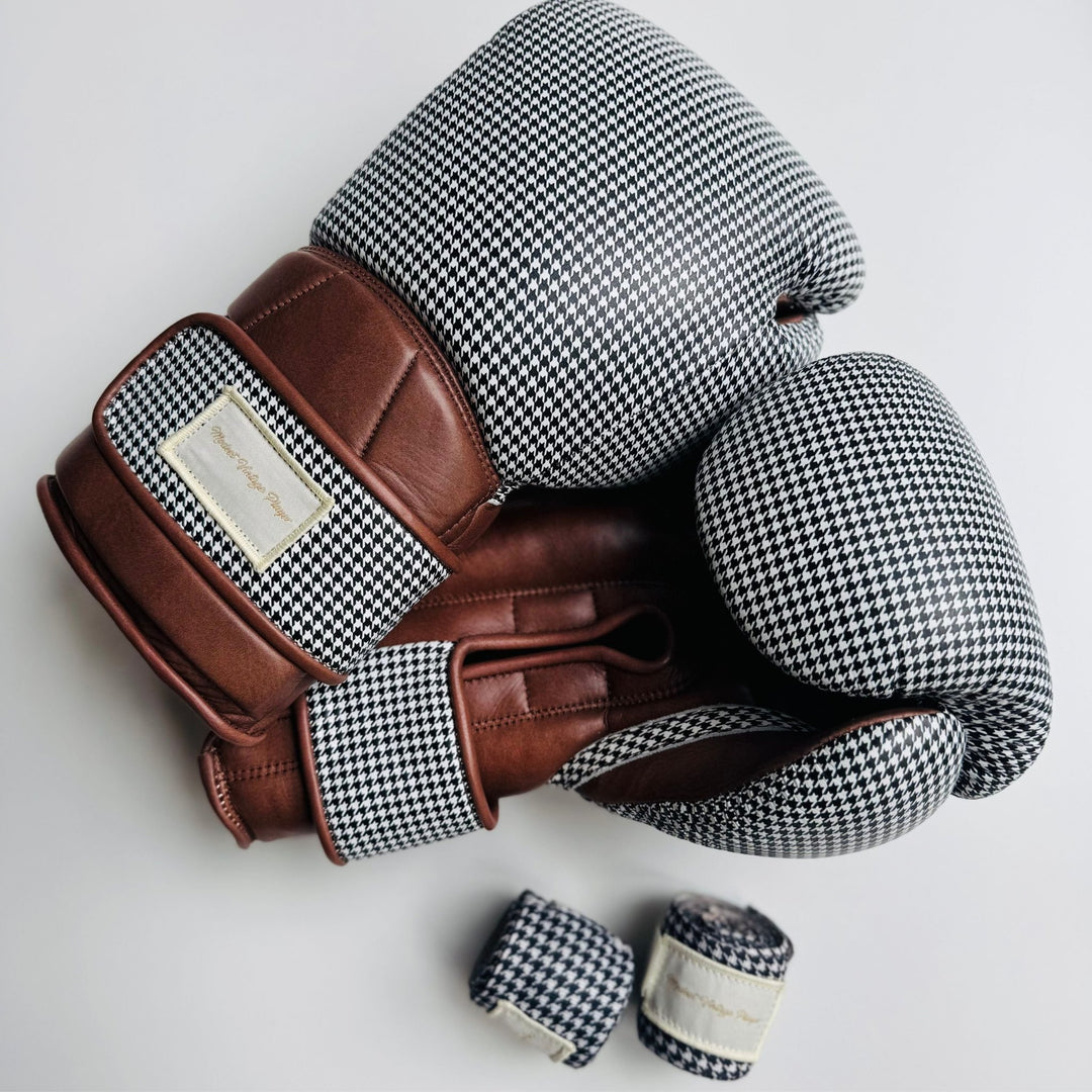 Elite Houndstooth Leather Boxing Gloves (Strap Up) - Brown - MODEST VINTAGE PLAYER LTD