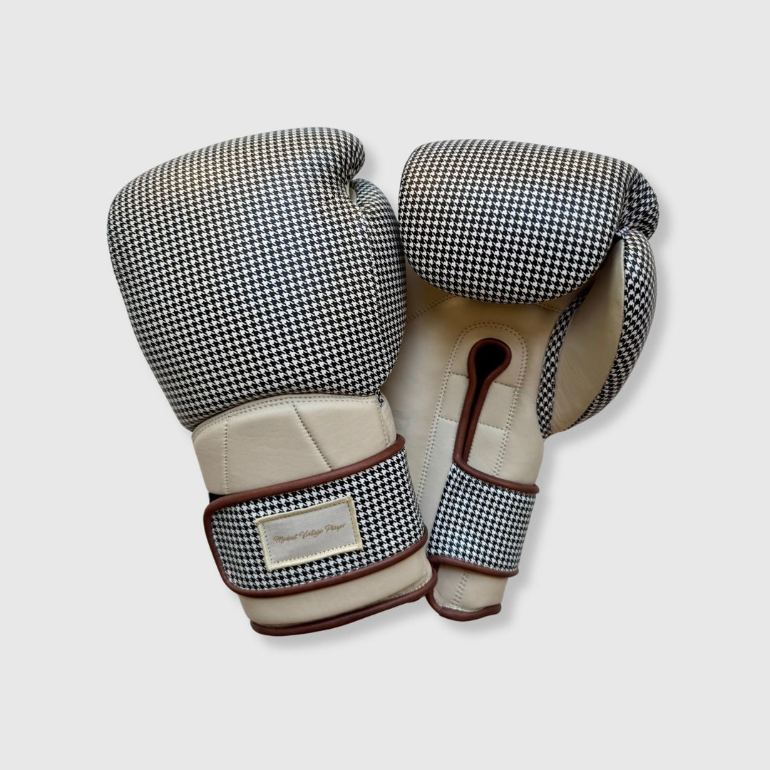 Elite Houndstooth Leather Boxing Gloves (Strap Up) - Cream - MODEST VINTAGE PLAYER LTD