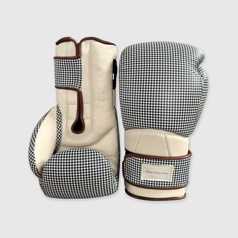 Elite Houndstooth Leather Boxing Gloves (Strap Up) - Cream - MODEST VINTAGE PLAYER LTD