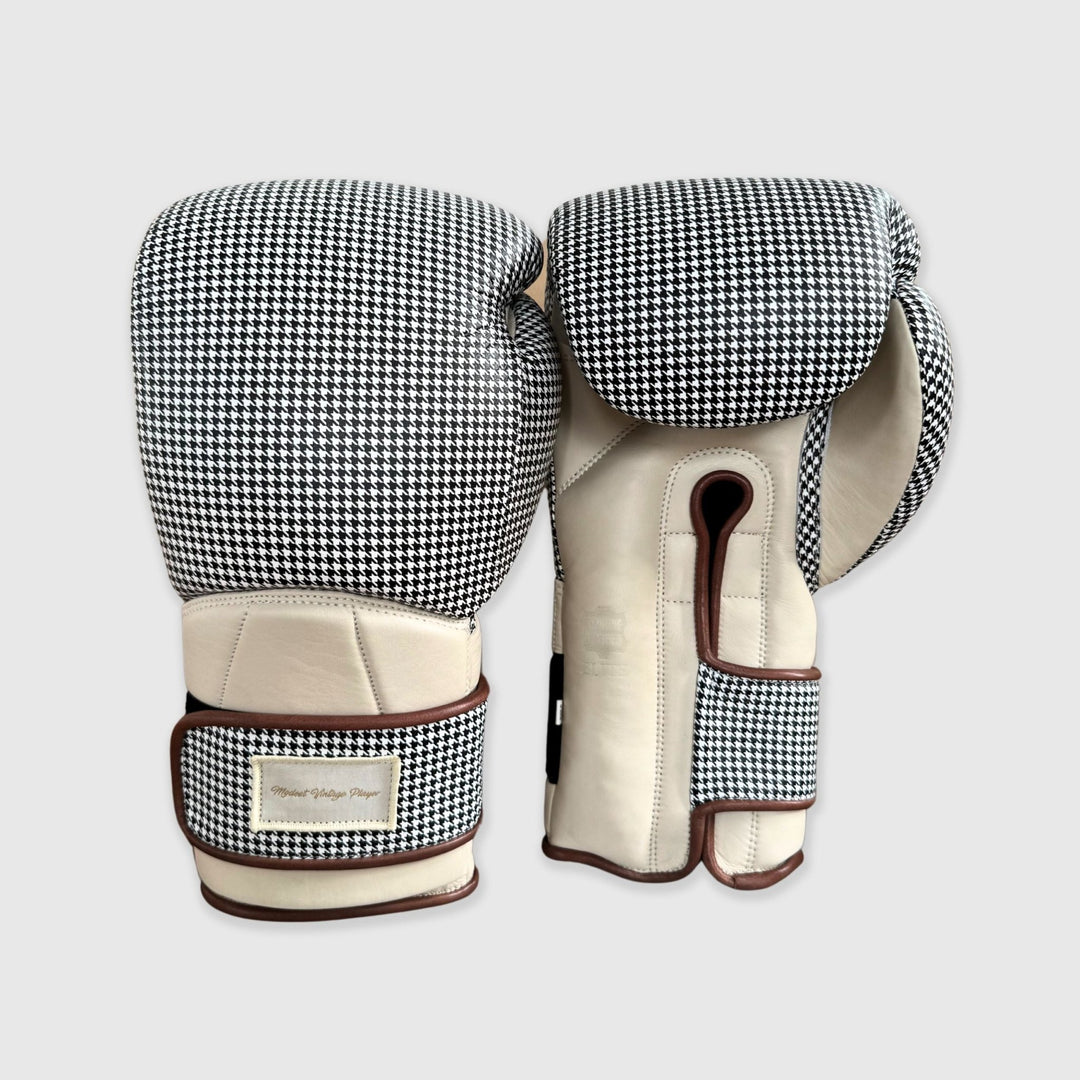 Elite Houndstooth Leather Boxing Gloves (Strap Up) - Cream - MODEST VINTAGE PLAYER LTD