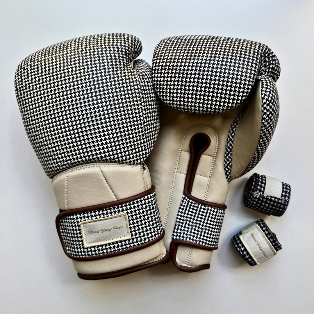 Elite Houndstooth Leather Boxing Gloves (Strap Up) - Cream - MODEST VINTAGE PLAYER LTD