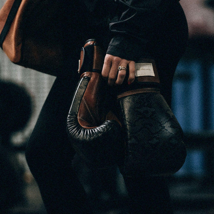 PRO Black Python Print Leather Boxing Gloves (Strap Up) Limited Edition - MODEST VINTAGE PLAYER LTD