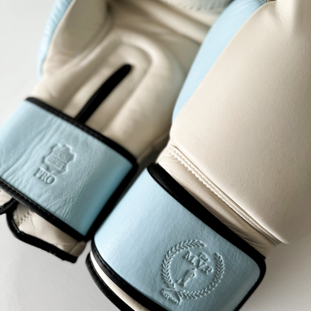 PRO Cream / Baby Blue Leather Boxing Gloves (Strap Up) - MODEST VINTAGE PLAYER LTD