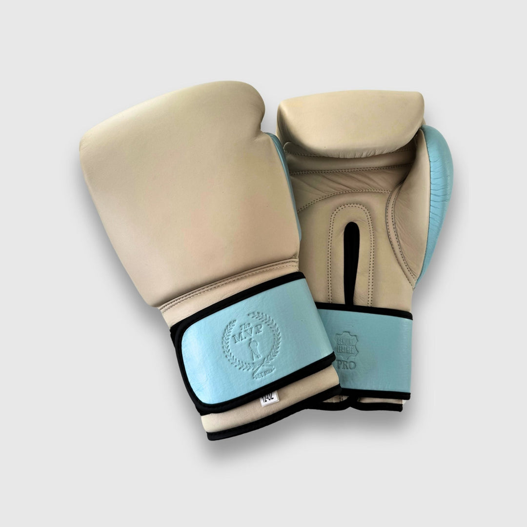 PRO Cream / Baby Blue Leather Boxing Gloves (Strap Up) - MODEST VINTAGE PLAYER LTD