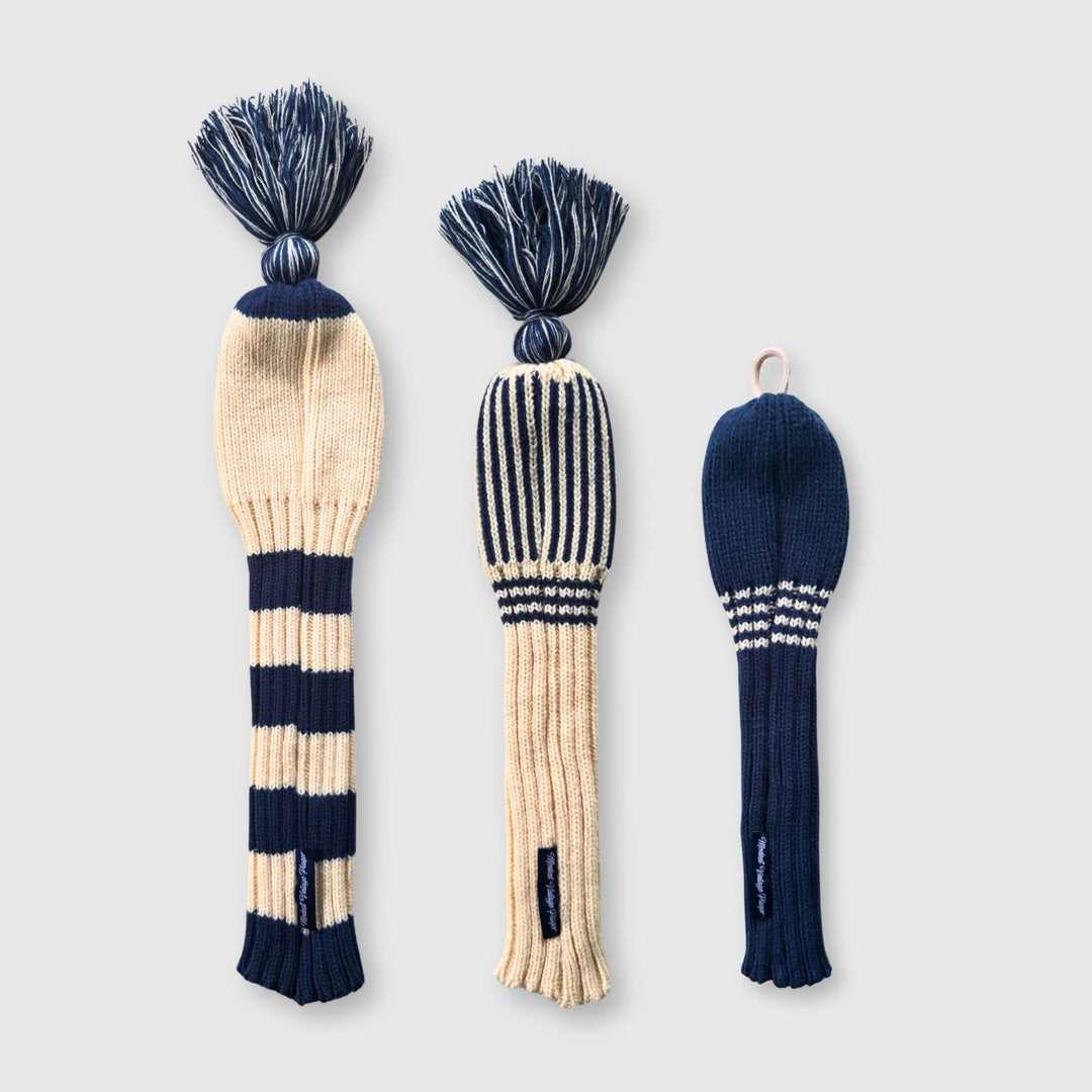 Wool Knit Golf Covers Set - Cream / Navy - MODEST VINTAGE PLAYER LTD