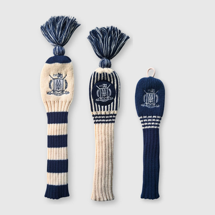 Wool Knit Golf Covers Set - Cream / Navy - MODEST VINTAGE PLAYER LTD