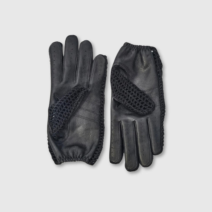 Crochet Knit Leather Driving Gloves - Black - MODEST VINTAGE PLAYER LTD