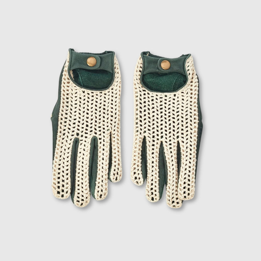 Crochet Knit Leather Driving Gloves - Green - MODEST VINTAGE PLAYER LTD