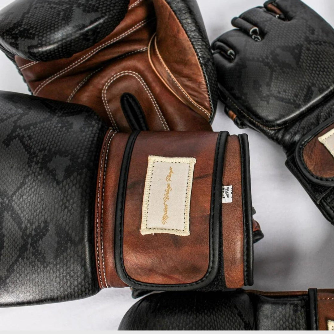 PRO Black Python Leather Boxing Gloves (Strap Up) Limited Edition - MODEST VINTAGE PLAYER LTD